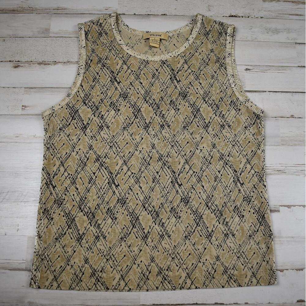 Vintage Plisse Pleated Tank Top Women's Large Abstract Beige Sleeveless Shirt L